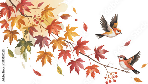 Artistic Autumn with Colorful Leaves, Berries, and Birds on a White Background