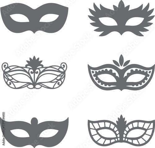 Six grey masquerade masks with varied ornate designs decorative eye masks