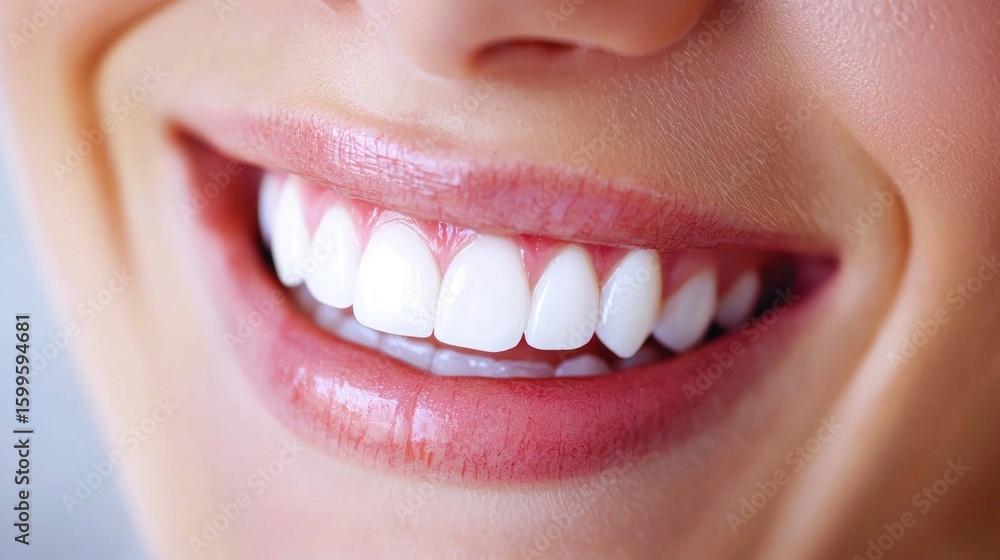 Obraz premium A close-up of a woman's smile with white teeth and pink lips, showing off her teeth in a smile.