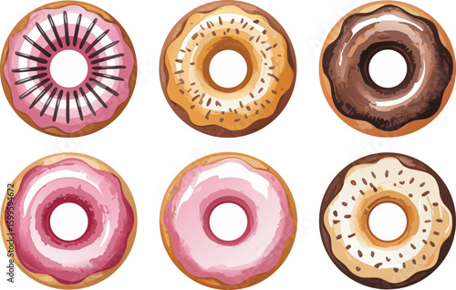 Assorted Donuts Strawberry with Stripes, Glazed Caramel, Chocolate, Light Pink, and Vanilla Sprinkled