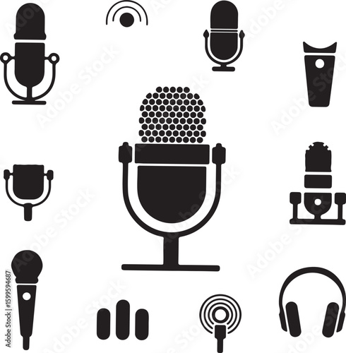 Various microphone silhouettes and audio equipment sound recording