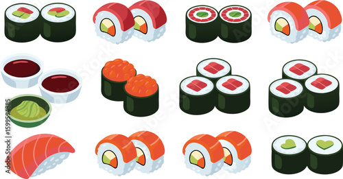 Assorted Sushi Rolls with Soy Sauce and Wasabi Illustration on White