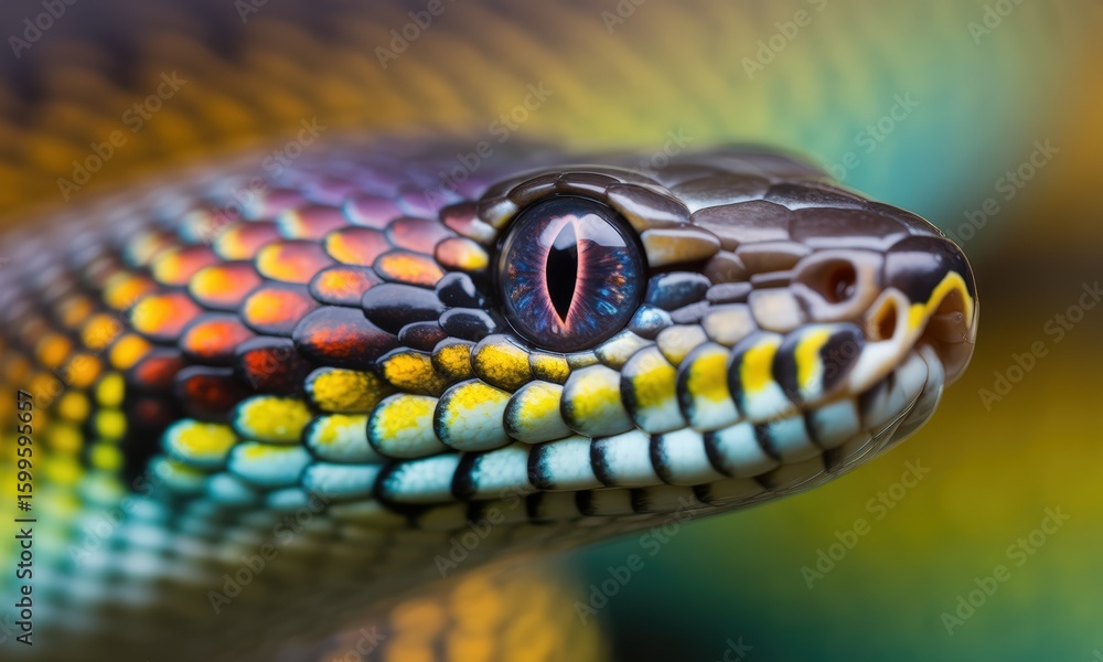 Fototapeta premium Close-up of a Vibrant Rainbow Snake with Bright Colors and Detailed Scales