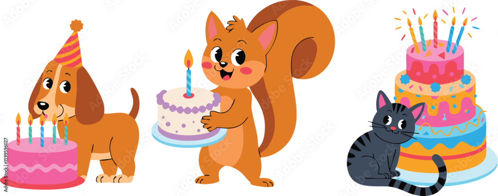 Obraz premium Cartoon Animals Celebrate with Birthday Cakes Dog, Squirrel, and Cat Party Illustration