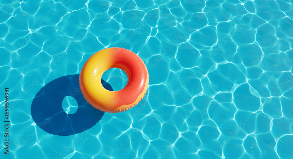 Naklejka premium An orange and yellow swim ring floats on a clear blue pool, creating a cheerful and refreshing summer vibe.