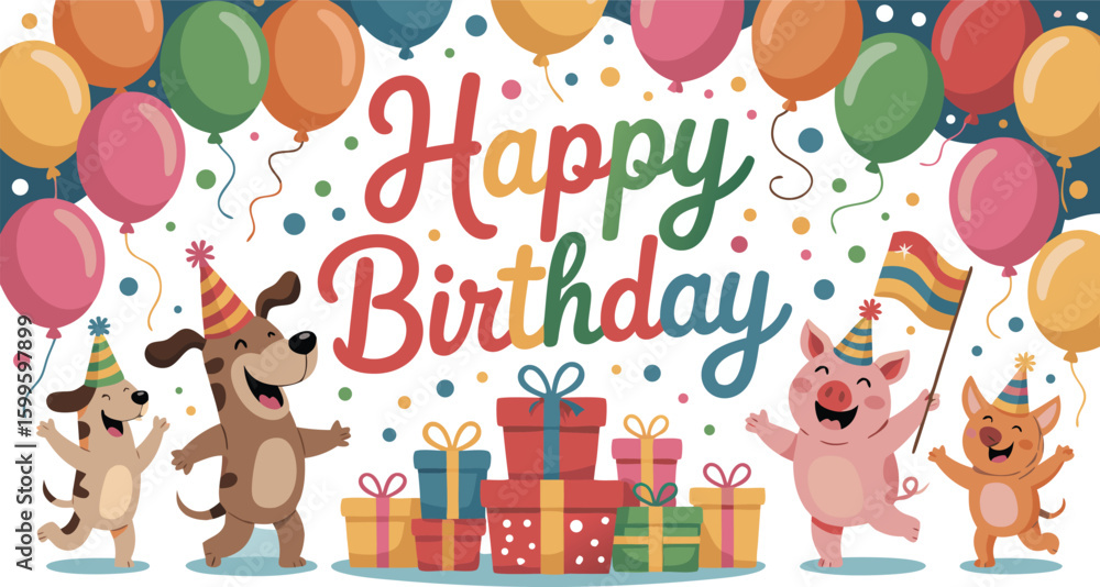 Obraz premium Cartoon Happy Birthday with Dogs, Pig, Presents, and Colorful Balloons Illustration