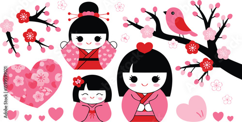 Charming Kokeshi Dolls with Cherry Blossoms, Hearts, and a Sweet Pink Bird Illustration