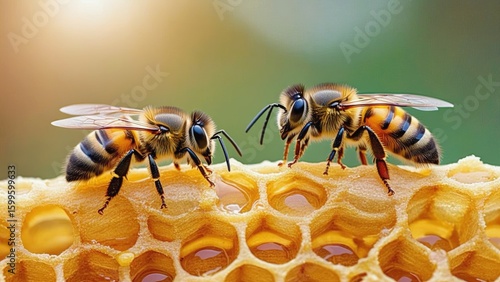 Two honey bees standing on the surface of a golden honeycomb with visible honey drops, captured in extreme macro and soft natural lighting, showcasing the structure of the wax cells and bee anatomy.