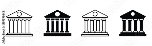 Vector art of four building icons with columns are displayed in a row representing different architectural styles and institutions