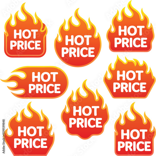 Collection of FireThemed Hot Price Badges for Sales and Promotions, Discount Offers and Advertising