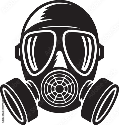Black gas mask silhouette with twin canisters and circular filter white protection