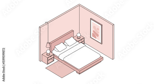 bedroom with two bedside tables and framed artwork on wall