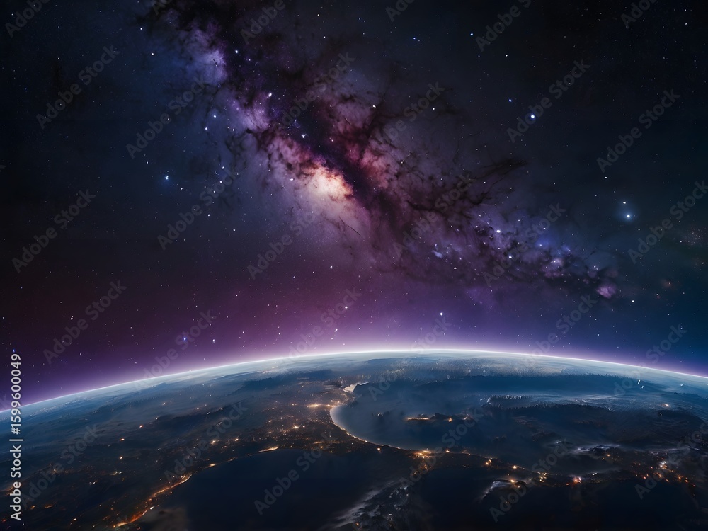 Fototapeta premium Earth from Space Viewing Bright City Lights Under Starry Night Sky with Milky Way