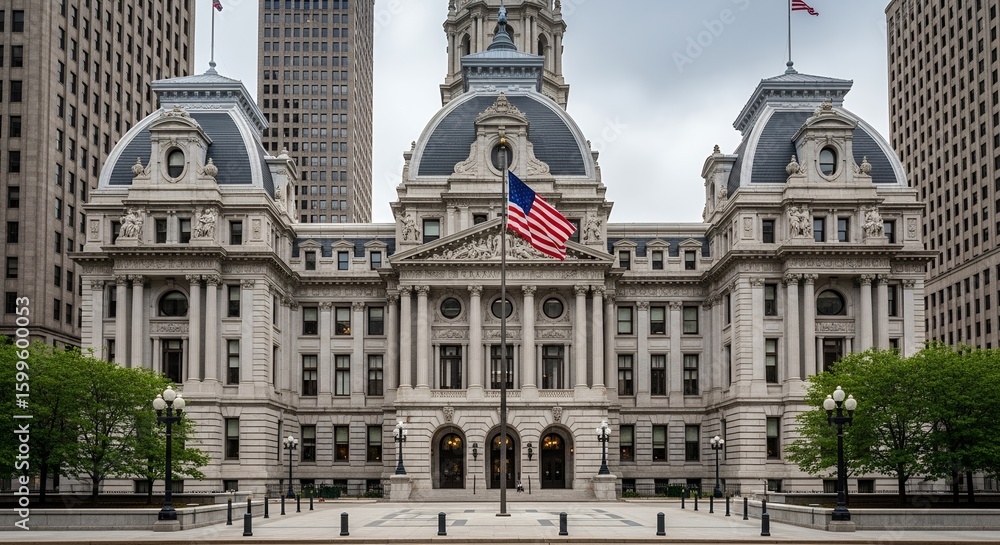 Naklejka premium Grand Classical Building Facade with American Flag