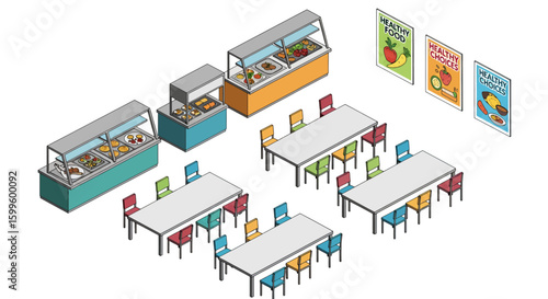 Cafeteria with food stations and seating area for health and wellness