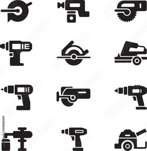 Black silhouette icons of power tools drills saws