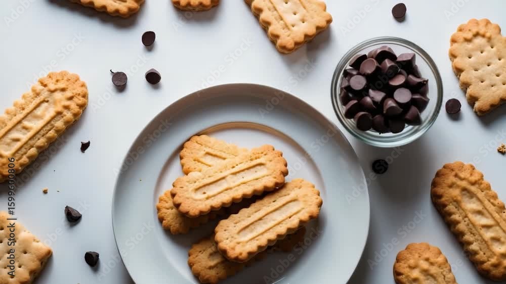 Overhead shot of delicious cookies on a plate with chocolate chips scattered around, dessert. Sweet treat.