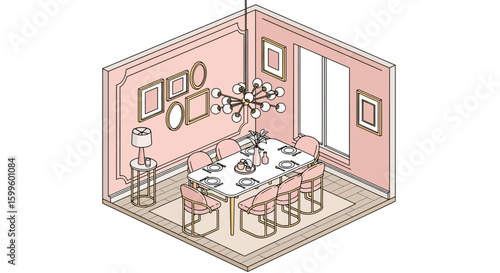 Interior dining room with elegant chandelier and pastel decor
