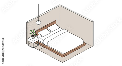isometric bedroom with bed and nightstand for interior design
