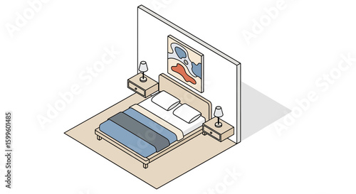isometric bedroom with bed pillows and artwork on wall