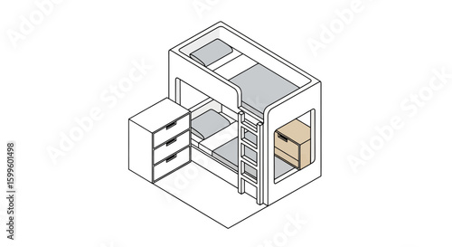 isometric bunk bed with storage drawers and ladder setup
