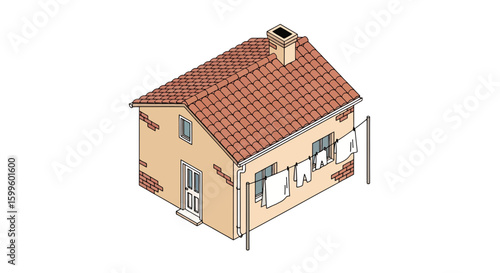 isometric house with terracotta roof and laundry line