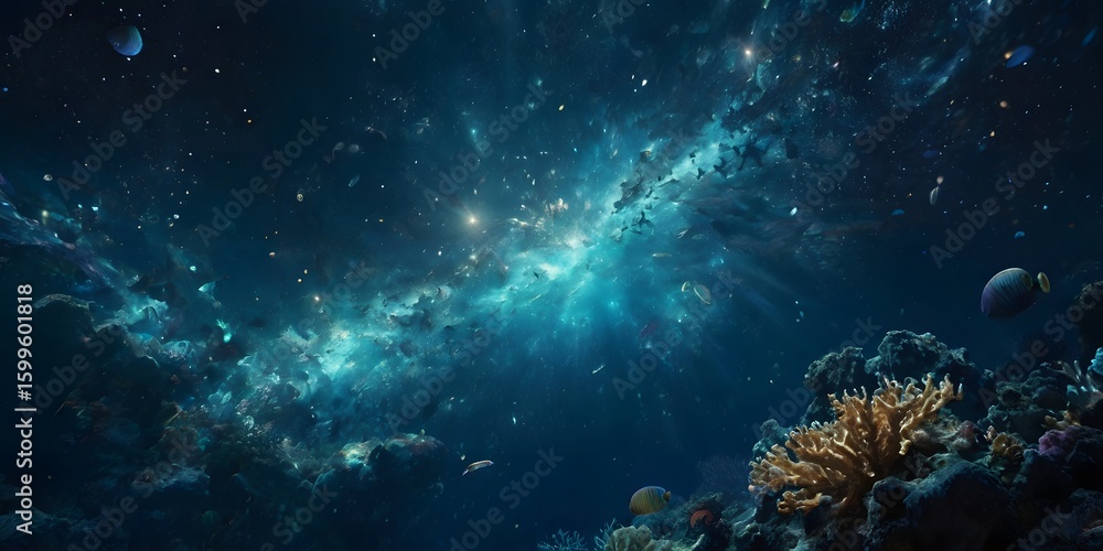 Fototapeta premium Underwater Coral Reef Scene with Bright Galaxy and Colorful Fish in Deep Ocean