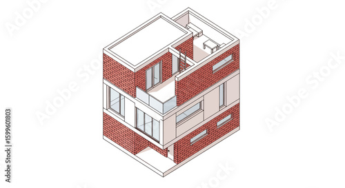isometric view of modern brick apartment building with balconies