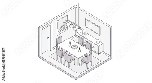 isometric view of a modern dining room with table and chairs