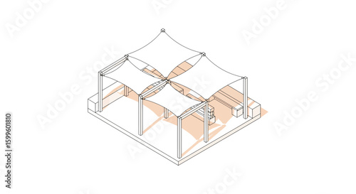 isometric view of modern outdoor shading structure with fabric canopies