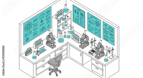 laboratory workbench with microscopes and chemical test tubes for scientific research