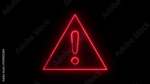 Neon glowing red color warning attention icon animation danger alert risk road warning sign error stop problem sign symbol on black background