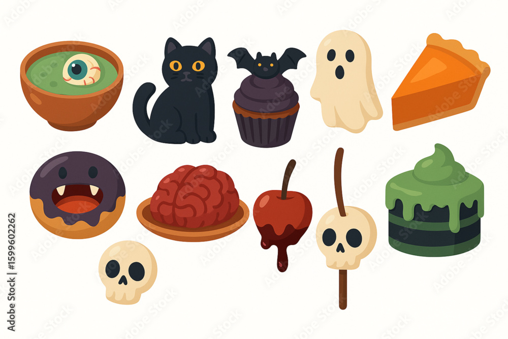 Fototapeta premium Set of spooky Halloween foods flat vector icons on white background