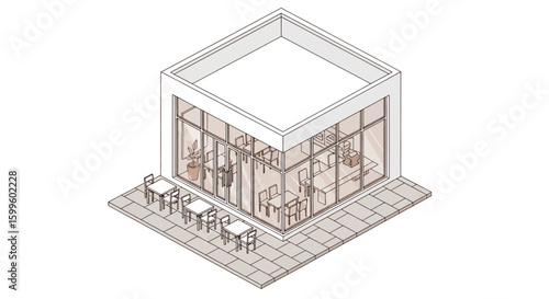 Modern glass cafe building with outdoor seating area