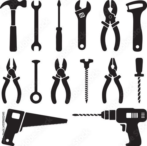 Hammer wrench screwdriver pliers adjustable wrench bolt cutters saw drill vector
