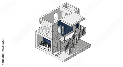 modern multi-story building with stairs and bicycle parking