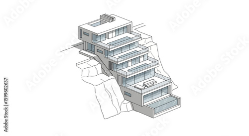 Modern multi-story house on rocky hillside with large glass windows