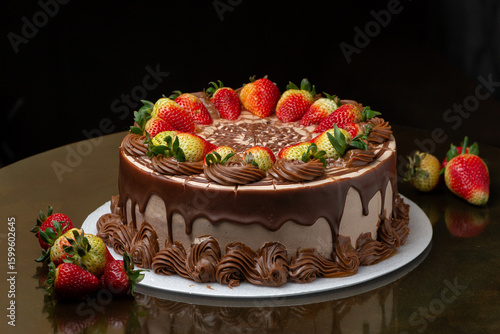 chocolate cake with strawberry and cream