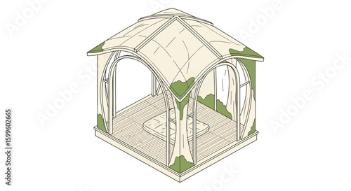Modern outdoor garden pavilion with wooden flooring and leafy accents