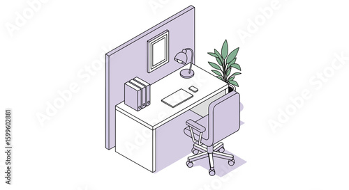 office workspace with desk chair plant and accessories