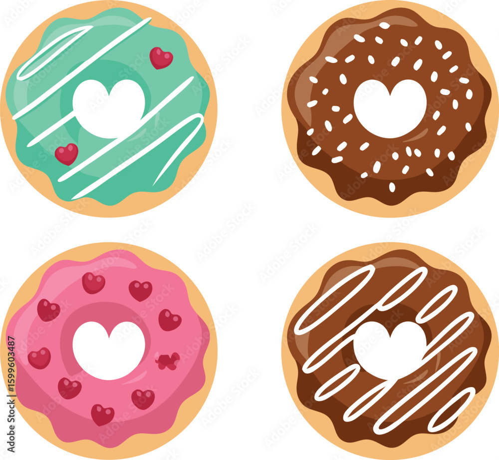 Cute Cartoon Donuts with HeartShaped Centers and Colorful Glazes for Sweet Treat Designs Cute Cartoon Donuts with HeartShaped Centers and Colorful Glazes for Sweet Treat Designs