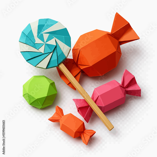 Origami Paper Wrapped Candy & Lolipop 3D Render