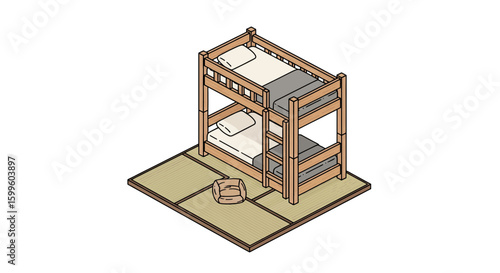 wooden bunk bed with bedding and a backpack in a room