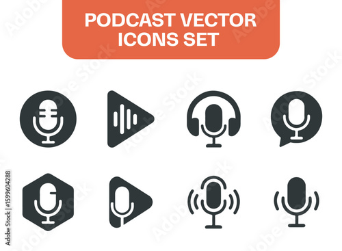 Minimal podcast icon set featuring microphones, headphones, and play symbols in black. Clean vector design perfect for media, audio, and broadcast themes.