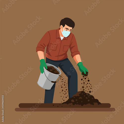 Man Wearing Face Mask Gardening and Adding Soil From Bucket to Mound