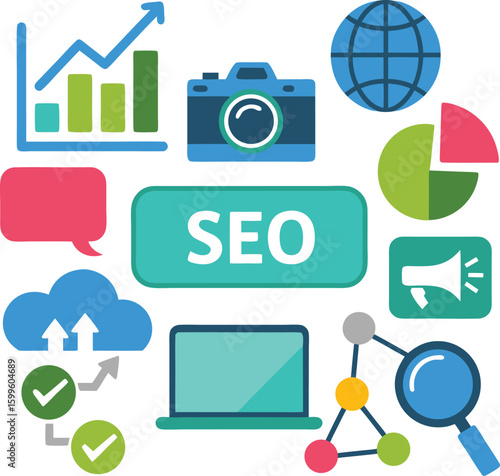 Digital Marketing SEO Strategy Analytics, Social Media, Website, Content, Camera, and Global Reach Iconography