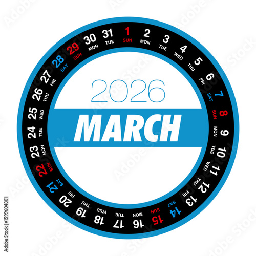 2026年3月の円形カレンダー 日本の祝日表記はありません