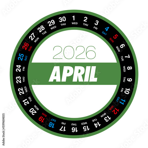 2026年4月の円形カレンダー 日本の祝日表記はありません