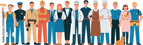 Diverse Group of Illustrated People Representing Various Professions Standing Together with Tools and a Cat