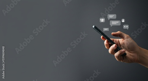 Hand Holding Smartphone with Messaging Icons and Ample Copy Space

